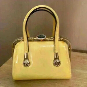 Beautiful yellow marble, faux patent leather small tote bag